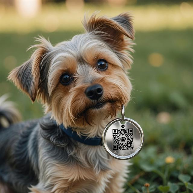 Bambam, a small Yorkshire Terrier mix, wearing a ScanMyPetNow QR pet ID tag on a collar