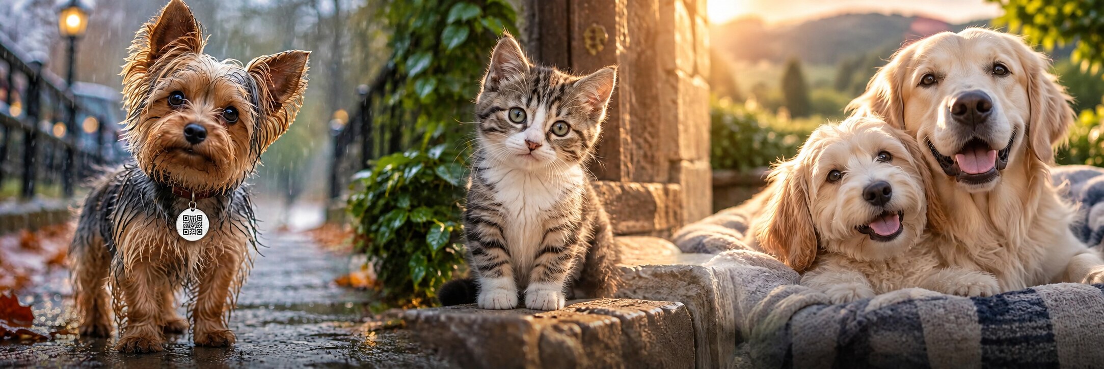 Yorkshire terrier, kitten and dogs representing the journey home for a found pet